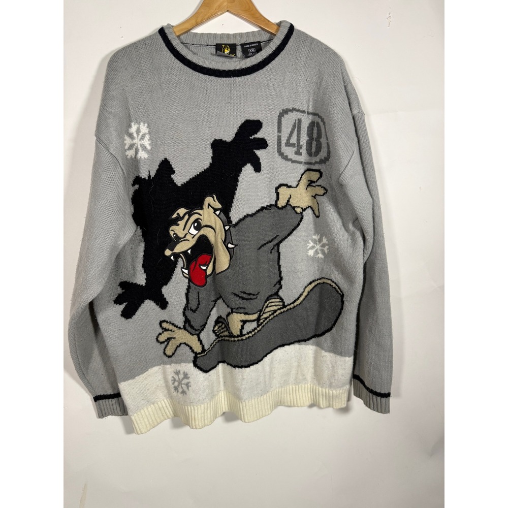 Vintage 48 Jeans Mens XXL Snowboarding Bulldog Knit Sweater Grey 90s Streetwear
